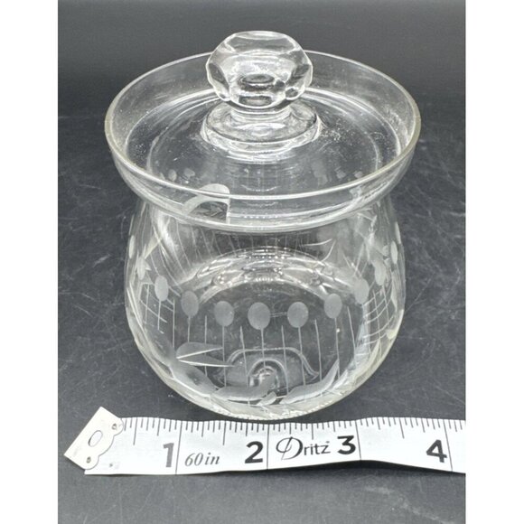 VTG Etched Glass Crystal Preserve Marmalade Jam Honey Jar Lidded Pot Retro 4” - Picture 8 of 8
